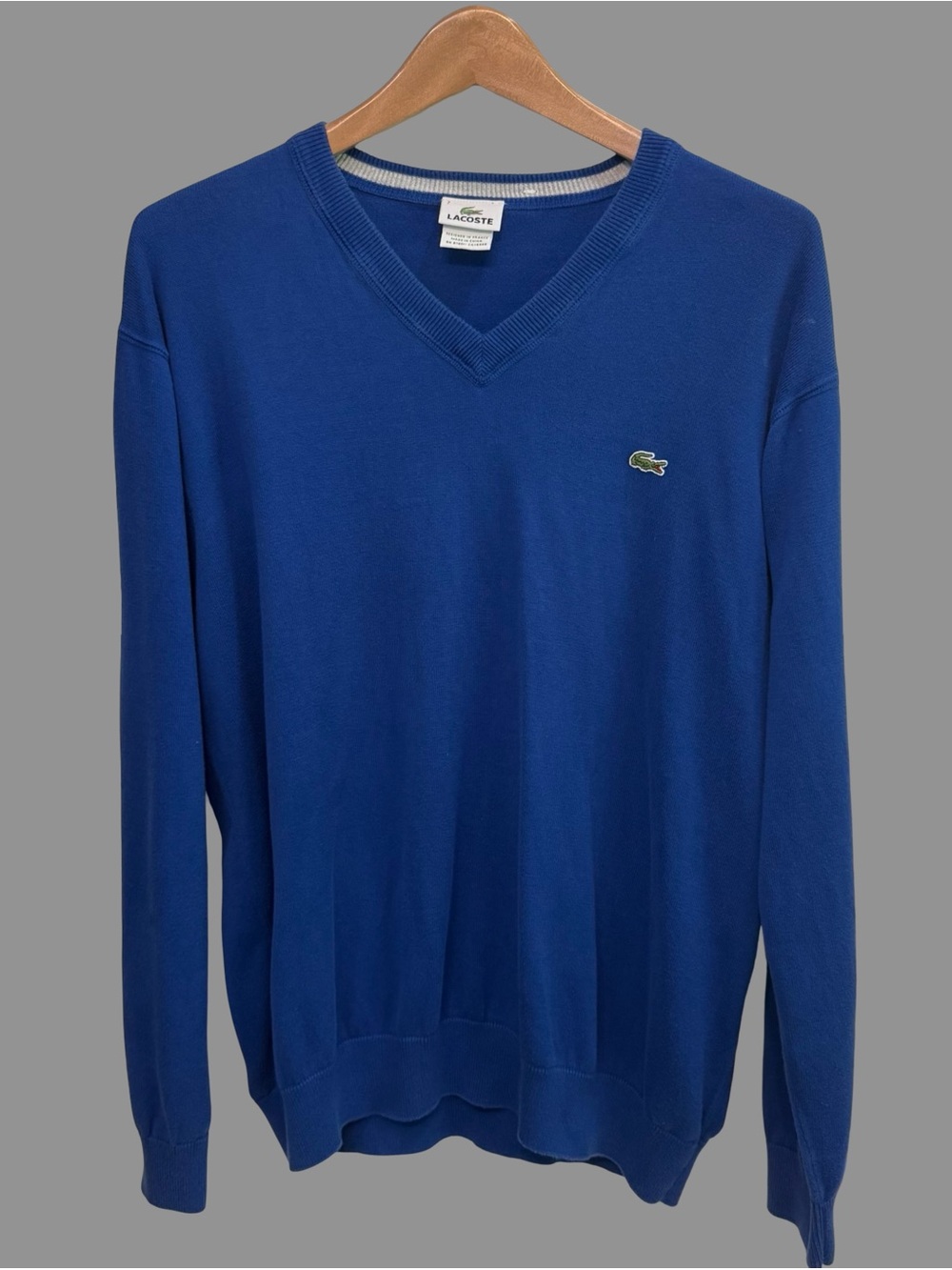 Lacoste Men’s Blue V-Neck Cotton Knit Pullover Sweater Size 7